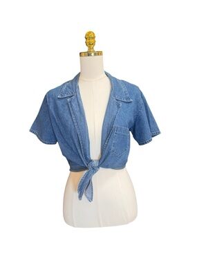 Vintage 90’s Denim Tie Front Top Chambray Cropped Paris Sports Club